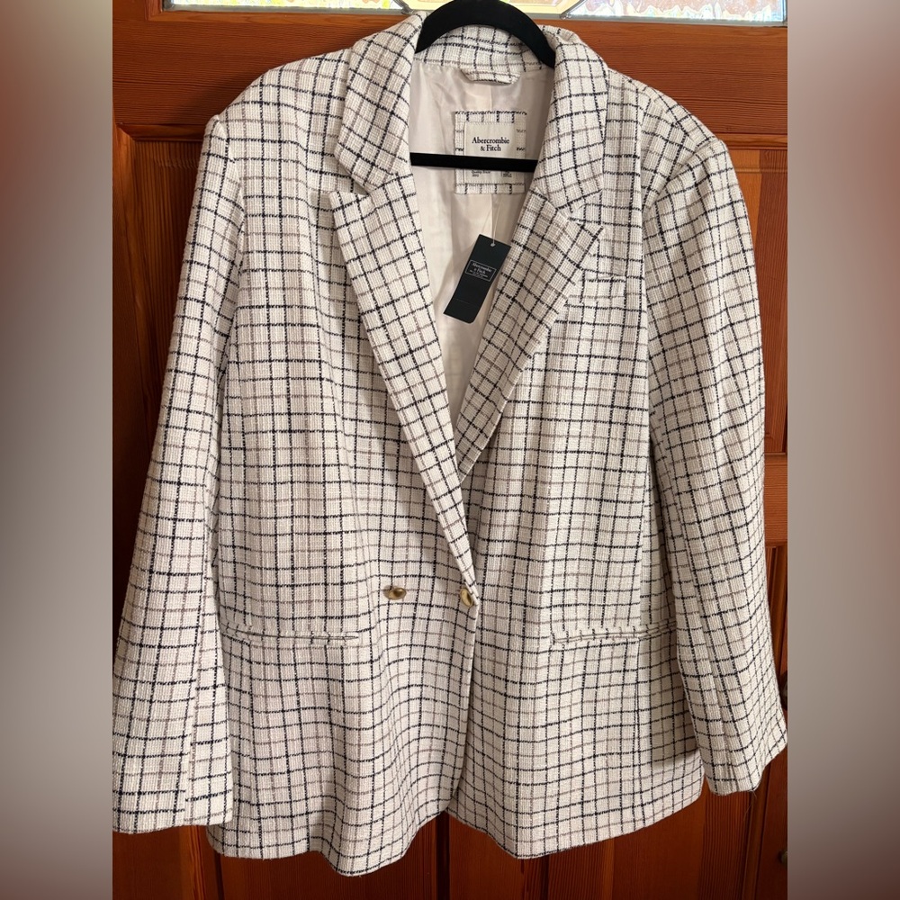 Abercrombie & Fitch Women's Cream Checkered Blazer